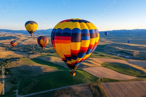 Balloon Hot Air Balloon, Skyward, and Festival visualized in a picturesque landscape where colorful hot air balloons ascend into the sky, marking the start of a lively festival