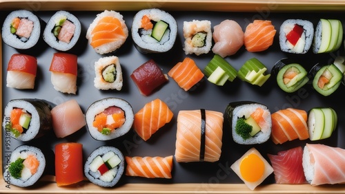 Neatly arranged sushi tray with varied rolls and pieces featuring colorful toppings. photo