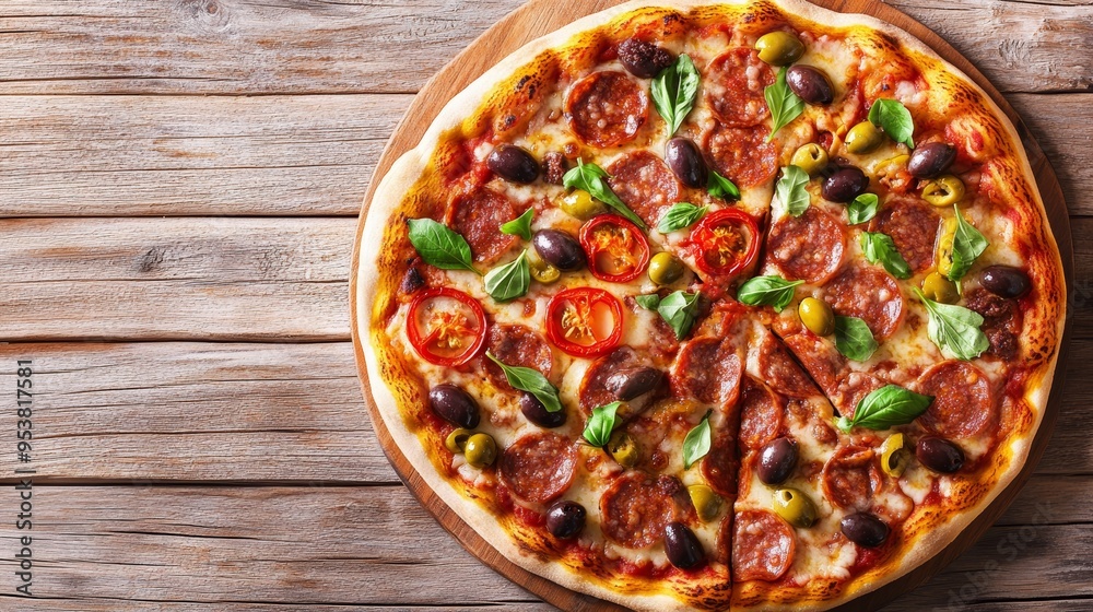 Delicious Pizza with Toppings on Wooden Table, Top View Generative AI Delicious Pizza with Toppings on Wooden Table, Top View Generative AI
