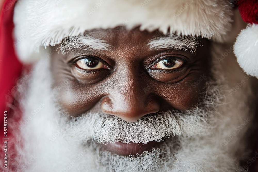 Black Santa  with a beard and a beard is smiling and wearing a red hat.