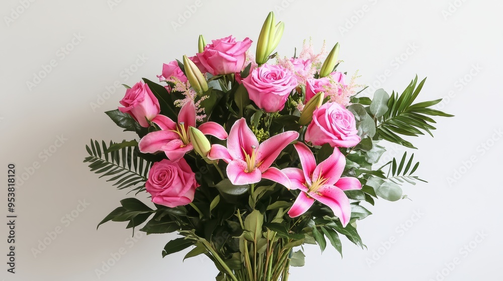 Obraz premium Beautiful Pink Rose and Lily Bouquet for All Occasions - Perfect Floral Arrangement Generative AI