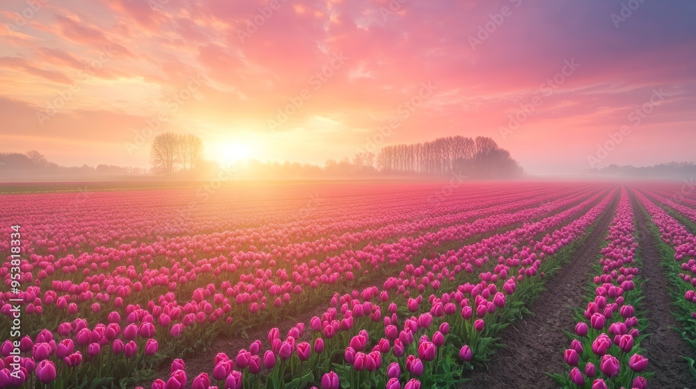 Fototapeta premium Tulip fields in the Netherlands at sunrise panoramic view Generative AI