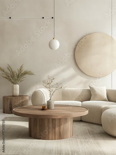 Modern home living room interior with cozy sofa and wooden tea table
