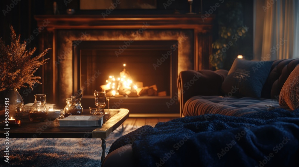 Cozy Living Room with Fireplace and Blue Blanket