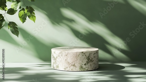 White stone podium on green background with sunlight and leaves shadows photo