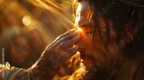 Jesus gently touching the blind man’s eyes, a bright, glowing light radiating from His hands, illuminating the scene with a divine aura, the background a soft, ethereal glow,