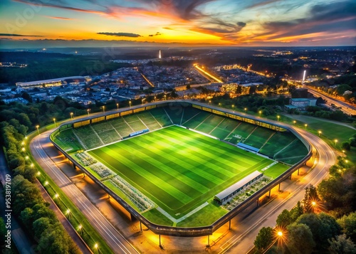 Aerial view of a vibrant soccer stadium at dusk, floodlights casting a warm glow on the lush green photo