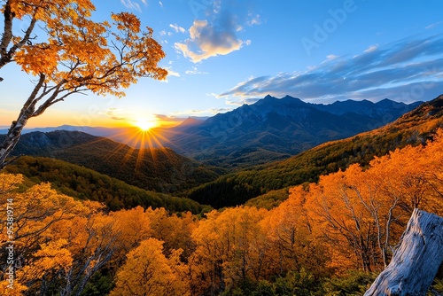 Enchanting Autumn Amber, Sunlight, and Mountains shown in a mountain landscape where the amber light of sunset casts a warm glow over the autumn foliage, with the peaks silhouetted against the