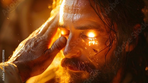 Jesus gently touching the closed eyes of a blind man with His fingers, a soft, radiant light glowing from His hands, filling the scene with warmth and peace,