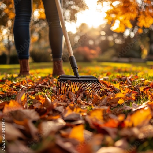 Person Raking Colorful Fallen Leaves in a Sunny Backyard