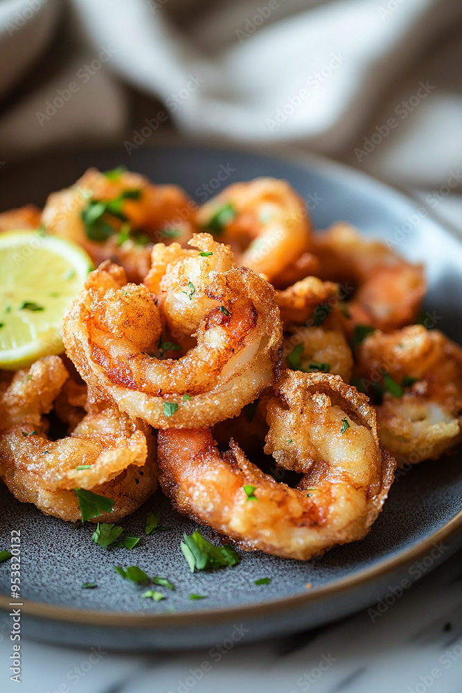 fried crispy prawn on a plate closeup shot generated by AI fried crispy prawn on a plate closeup shot generated by AI