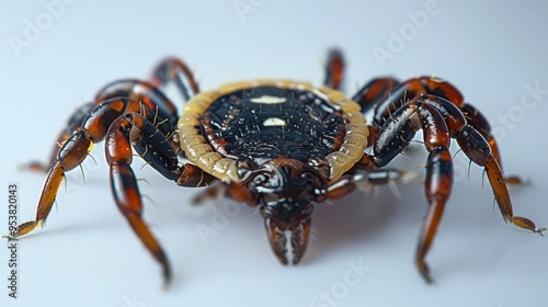 Tick on white background. Encephalitis virus or Lyme disease borreliosis or monkey fever. Infectious dermacentor canine tick arachnid parasite insect on white background photo