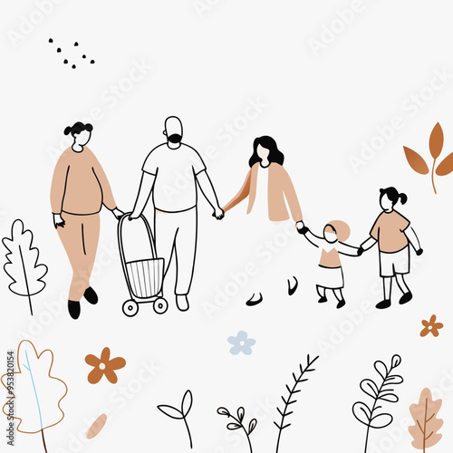 Vector Illustration of a Family Shopping Outing in Nude Tones