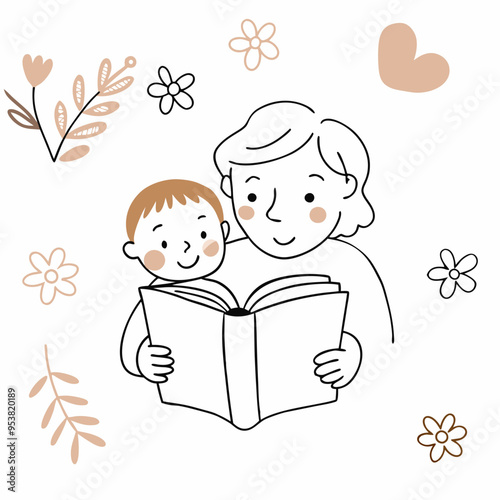 Vector Illustration of a Baby Reading a Book with Mother Surrounded by Flowers in Nude Tones