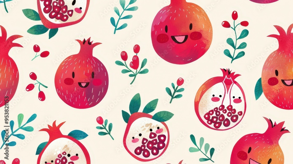 playful pomegranate pattern with fun, whimsical pomegranate characters and seed patterns. playful pomegranate pattern with fun, whimsical pomegranate characters and seed patterns.