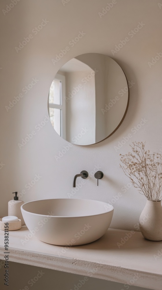 A bathroom with a minimalist sink and mirror