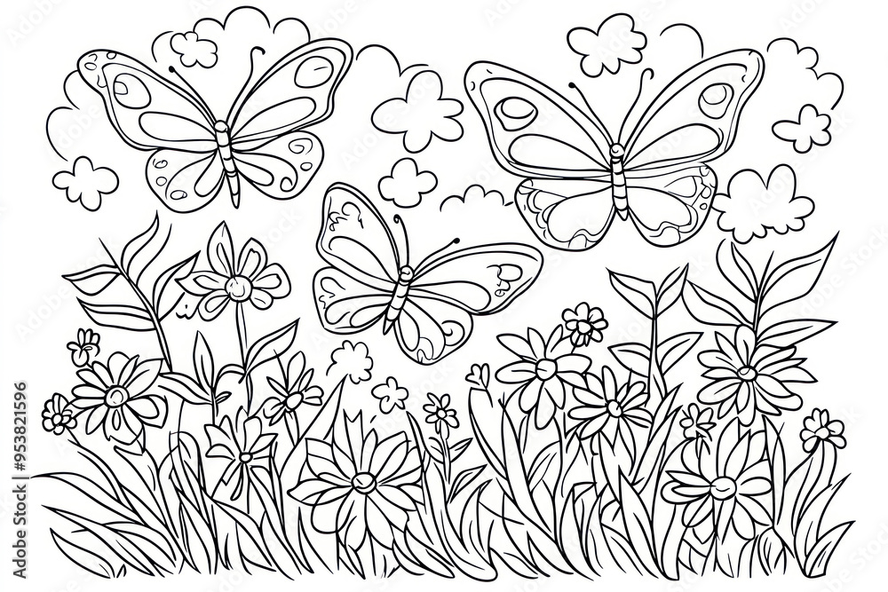Coloring page with cartoon butterflies flying over the grass and flowers. Coloring page with cartoon butterflies flying over the grass and flowers.