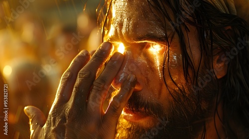 Jesus placing His hands on the eyes of a blind man, with a powerful, glowing light emerging from His hands, illuminating both faces, the background filled with a soft, heavenly glow,