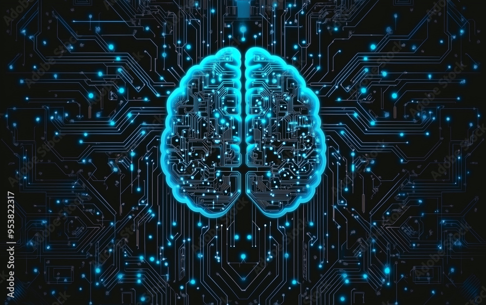 Abstract digital brain with circuit lines and binary code, symbolizing ...