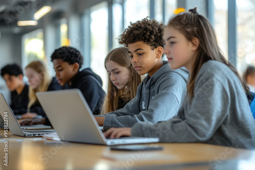 Diverse group of high school students using laptops in class