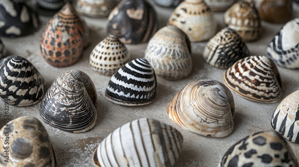 A collection of zebra mussel shells displayed on a table, showcasing their unique patterns. A collection of zebra mussel shells displayed on a table, showcasing their unique patterns.
