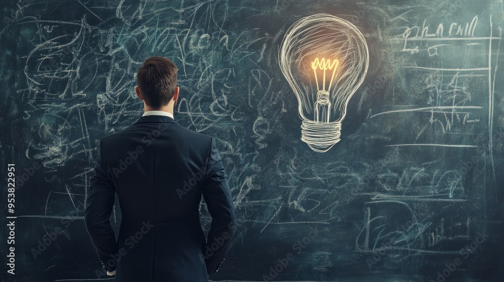 Businessman in Front of a Blackboard with a Lightbulb Businessman in Front of a Blackboard with a Lightbulb
