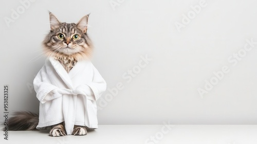 Cat wearing a bathrobe after a spa session, luxurious pet care photo