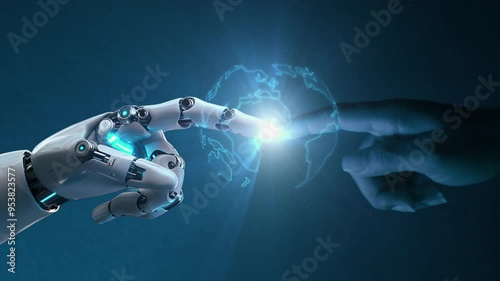 AI, Machine learning, Hands of robot and human touching on big data network connection background, Science and artificial intelligence technology, innovation and futuristic.