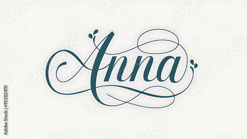 Elegant dark typography of girls name Anna, intricate swirls, floral elements, white backdrop