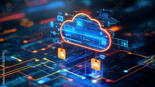 Conceptual representation of cloud computing cost efficiency with a cloud symbol, price tags, and pay-per-use icons in a modern digital design setting photo