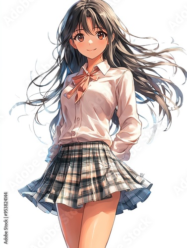 A stylish anime character with long hair, dressed in a school uniform, radiating charm and confidence. photo