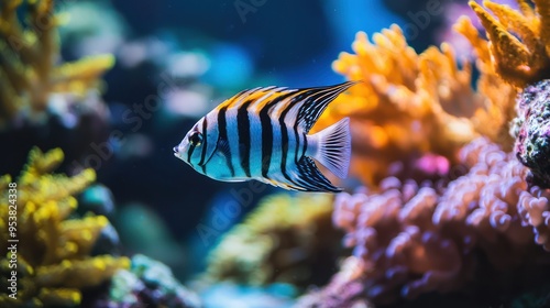 A zebra fish swimming near a coral reef, adding a vibrant touch to the underwater scene. photo