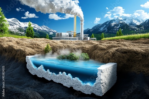 Energy Illustration Geothermal, Renewable, and Earth shown in a natural setting where geothermal energy is harnessed from beneath the Earth's surface, powering homes and industries