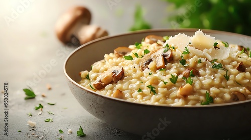 Creamy risotto, with mushrooms and Parmesan, 3D illustration