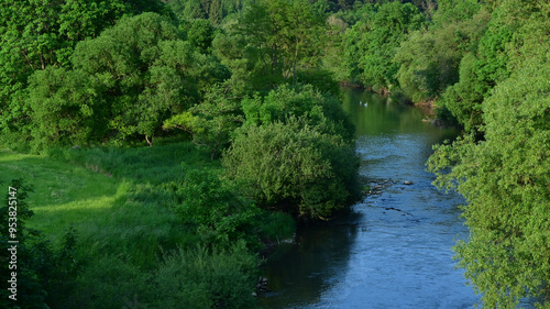 A beautiful view of river Neckar by Rottenburg am Neckar in Germany with green meadow and trees forest. 