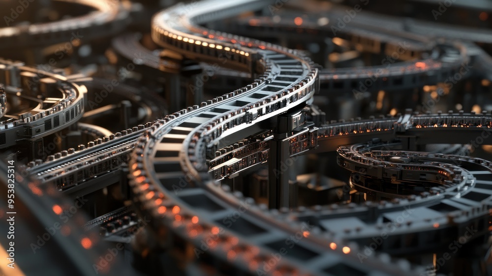 Fototapeta premium Close-up of a Complex Industrial Conveyor System with Glowing Lights
