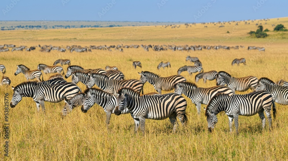 Fototapeta premium A large herd of zebras grazing on the plains, with a mix of adult zebras and young calves.