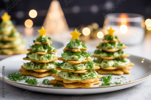 Avocado Holiday Tree Bites. Cracker and avocado sauce appetizer in the shape of Christmas trees served on a white plate. Horizontal, side view. Festive atmosphere.