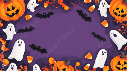 A Halloween themed background with bats, ghosts, and pumpkins