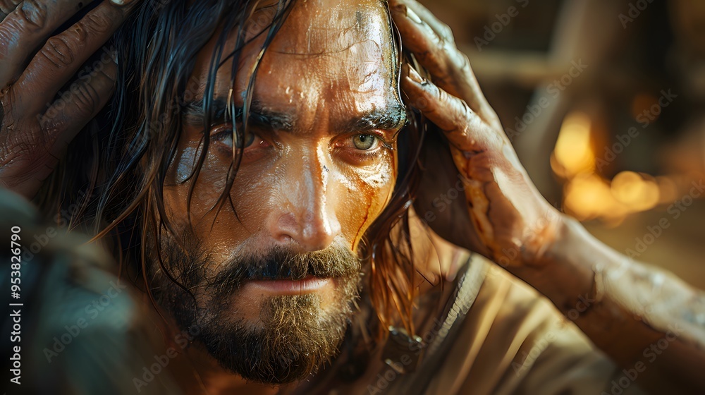 The hopeful gaze of a blind man as Jesus places His hands on his eyes, beginning the healing process, with a gentle, warm light emanating from His hands, the background softly blurred with warm tones, The hopeful gaze of a blind man as Jesus places His hands on his eyes, beginning the healing process, with a gentle, warm light emanating from His hands, the background softly blurred with warm tones,