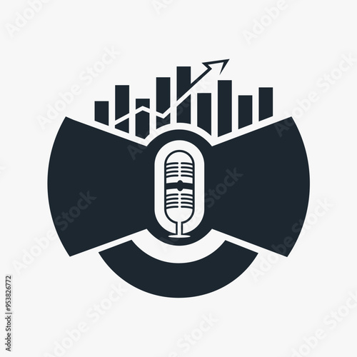Podcast logo template for business and finance related topics or scale of economics. The arrow going up in the bar graph showing growth and success. Trending topics related broadcasting radio show.