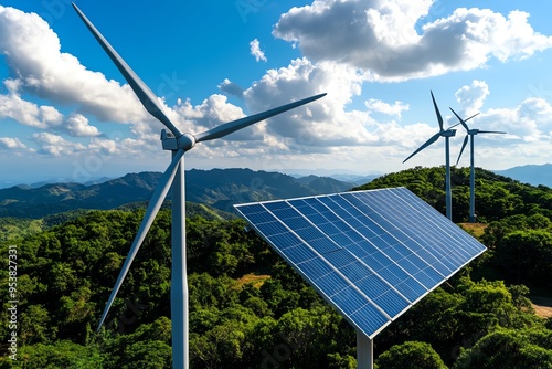 Energy Illustration Wind, Power Lines, and Turbines depicted in a landscape where wind turbines feed energy directly into power lines, symbolizing the direct connection between renewable energy photo