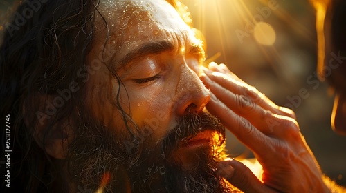 The moment of divine healing as Jesus places His fingers gently on the closed eyes of a blind man, a soft, warm light radiating from His hands, the background filled with a subtle, ethereal glow,