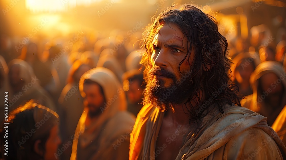 The moment of divine healing as Jesus restores sight to a blind man in front of a large crowd, with the crowd's faces reflecting shock and wonder, the background filled with varied expressions, The moment of divine healing as Jesus restores sight to a blind man in front of a large crowd, with the crowd's faces reflecting shock and wonder, the background filled with varied expressions,