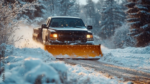 Pickup Truck Actively Plowing Snow on a Winter Road