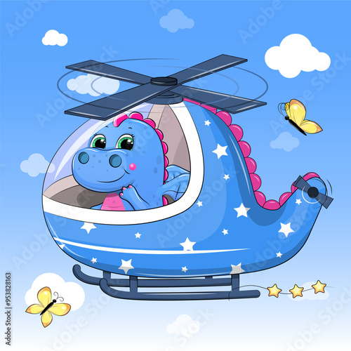 Cute cartoon dragon in a helicopter. Vector illustration of ananimal in the sky with clouds and butterflies. photo