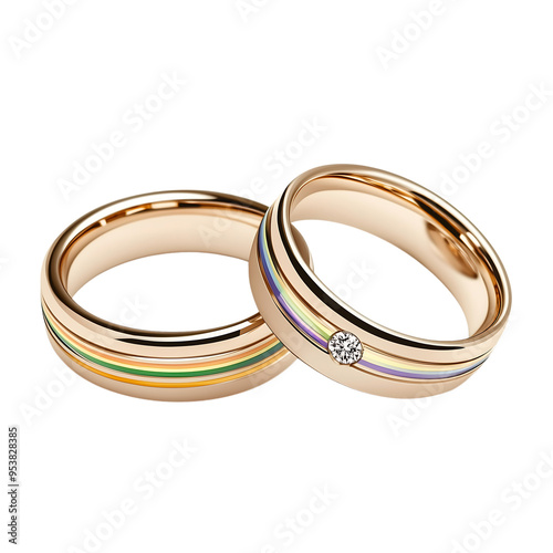 A pair of wedding rings with rainbow engravings, simple illustration, clean lines, isolated transparent