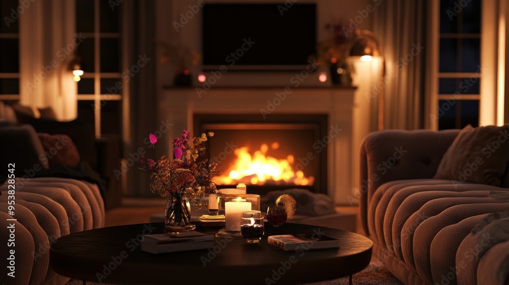 Fototapeta premium Cozy Living Room with Fireplace, Candles, and Flowers on a Coffee Table