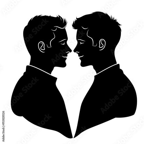 Two male silhouettes facing each other, LGBTQ love, simple outline, sharp contour, isolated transparent