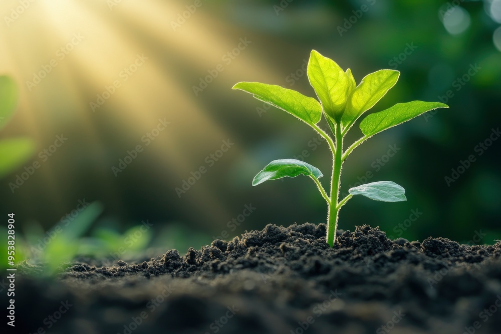 Young plant springing up out of the soil with generative ai Young plant springing up out of the soil with generative ai